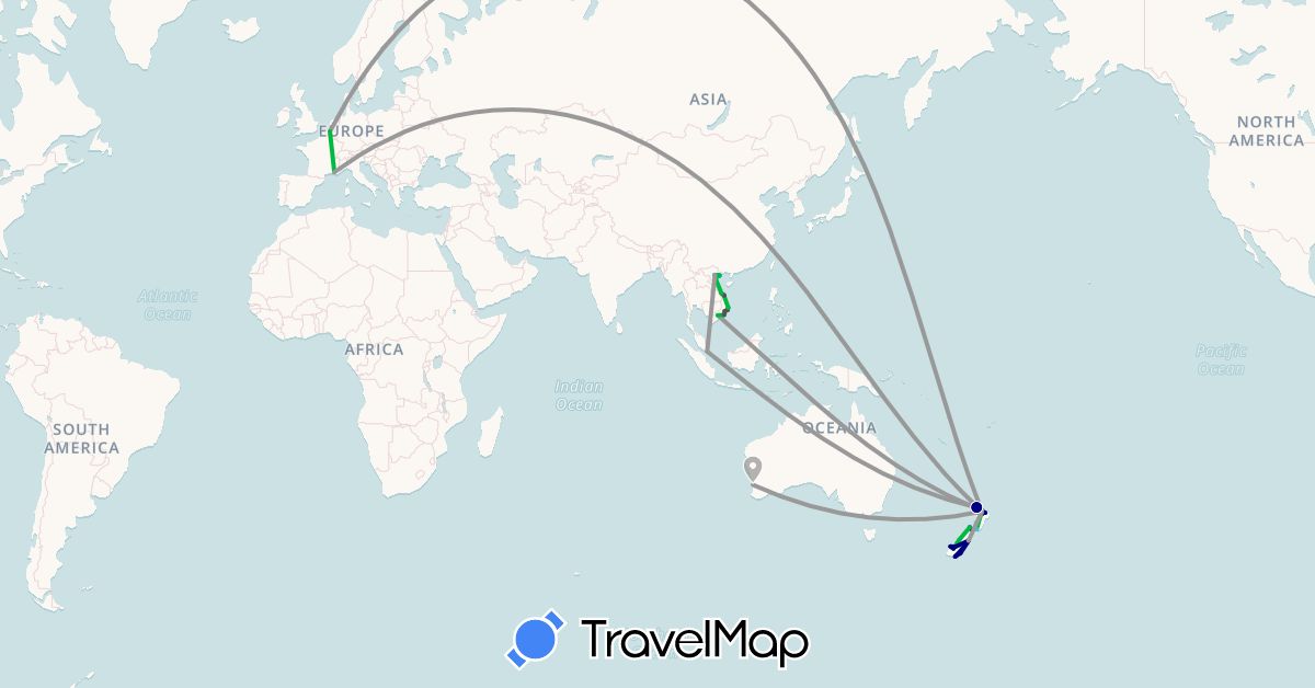 TravelMap itinerary: driving, bus, plane, boat, hitchhiking, motorbike in Australia, Belgium, France, New Zealand, Singapore, Vietnam (Asia, Europe, Oceania)