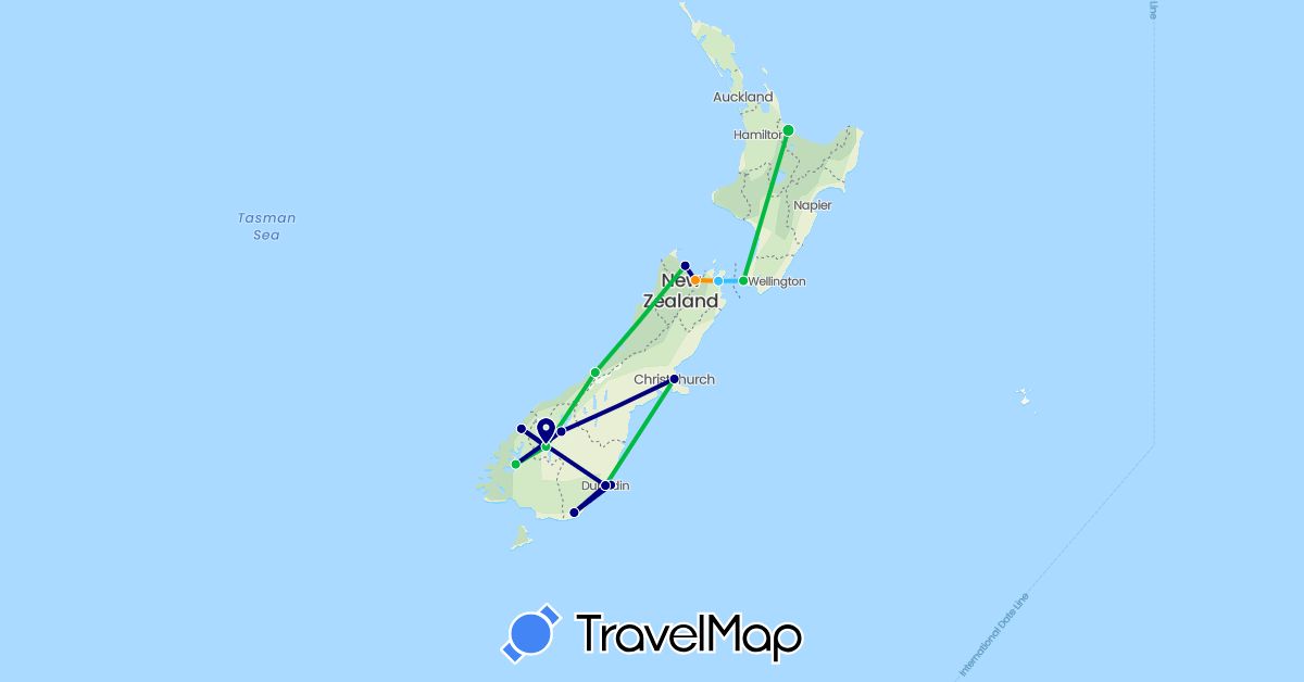 TravelMap itinerary: driving, bus, boat, hitchhiking in New Zealand (Oceania)